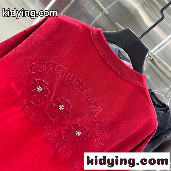 半袖Tシャツ 赤色 クロムハーツ コピー 刺繍デザイン バックロゴ クロス装飾 Chrome Hearts 高級感 モードカジュアル-4