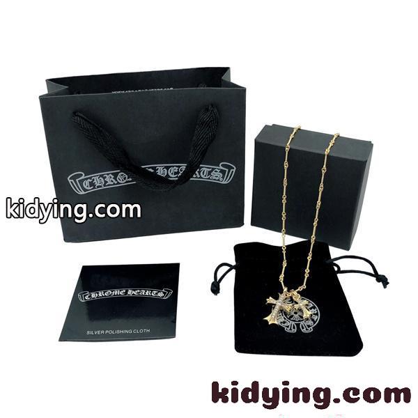 ネックレス クロムハーツ コピー ダブルクロス ゴールドカラー ジルコニア装飾 チェーン付き ペンダント Chrome Hearts-1
