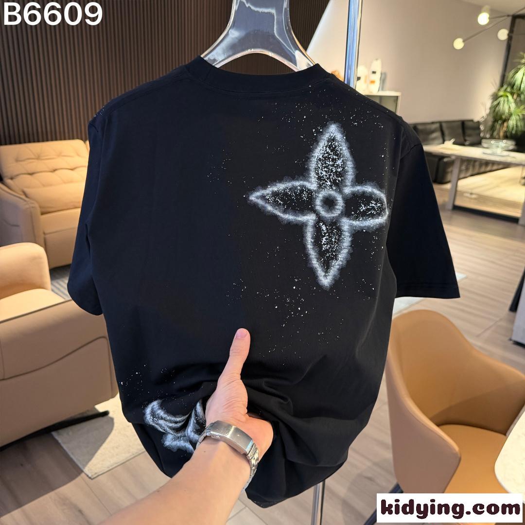 メンズ ルイヴィトン コピー 半袖 LouisVuitton スプレー加工 フラワーモチーフ ブラック ホワイト モダン カジュアル-2