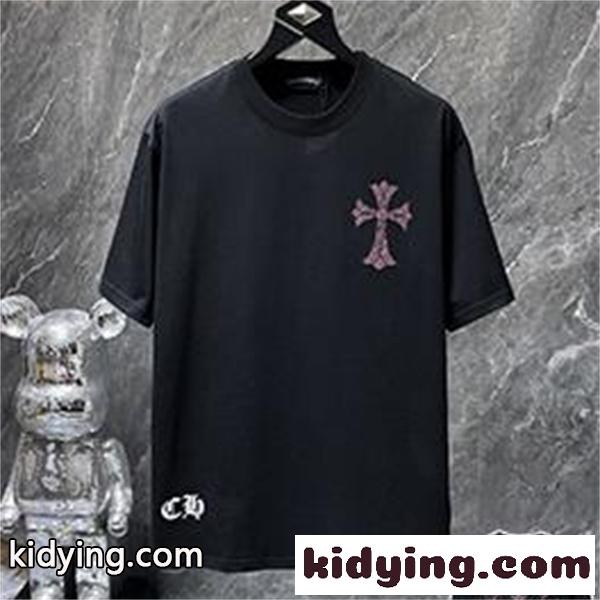 ブラック 半袖Tシャツ Chrome Hearts クロムハーツ コピー ピンククロス刺繍風 胸元ワンポイント クルーネック ゆったりシルエット-0