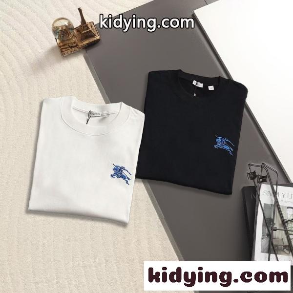 BURBERRYバーバリーブルー刺繍ホースロゴ半袖Tシャツ320g厚手コットン微ゆったりシルエット-1