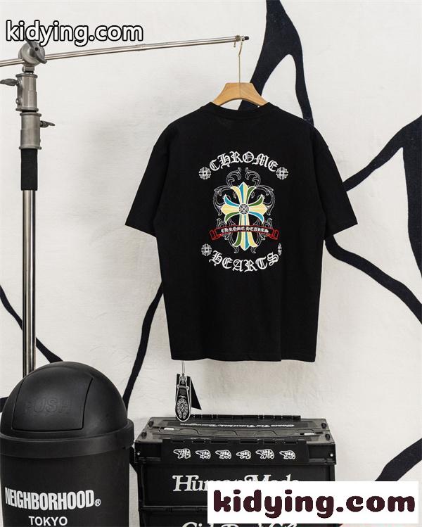 激安 半袖トップス レザークロス クロムハーツ コピー Chrome Hearts 切替Tシャツ バックロゴ ビッグシルエット 快適コットン カジュアル ストリート 韓国風 男女兼用 おしゃれ-1