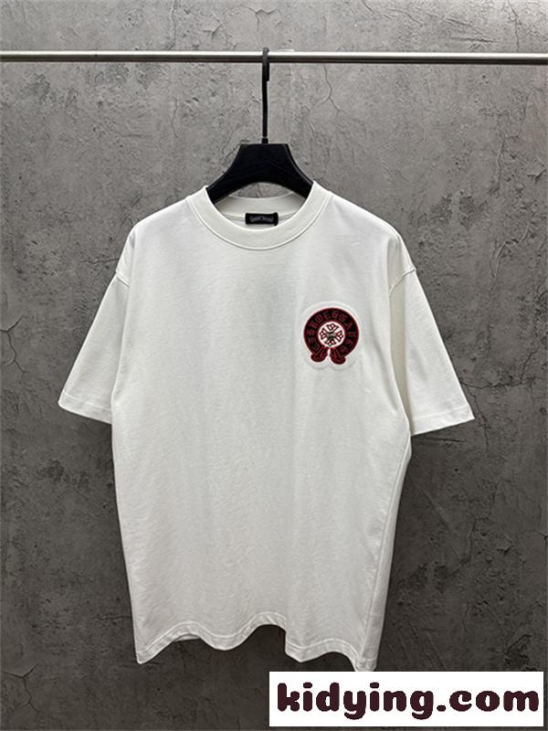 レッド 半袖Tシャツ Chrome Hearts クロムハーツ コピー 胸元サークルロゴ クルーネック ワンポイントデザイン ゆったりシルエット-5
