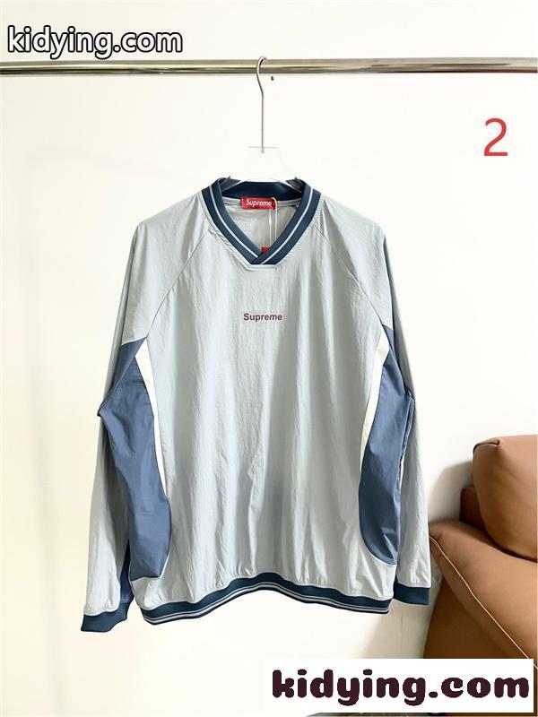 配色プルオーバー シュプリーム コピー 長袖Tシャツ Vネック ブルーグレー 切替デザイン デイリー Supreme 人気 美潮 復古スポーツ-3
