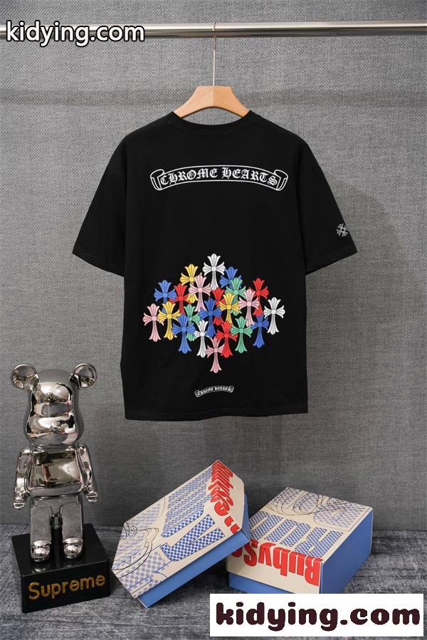 カラフルクロス バックプリント クロムハーツ スーパーコピー 半袖Tシャツ 胸ポケット付き ホワイト ブラック 夏 ストリート Chrome Hearts-5