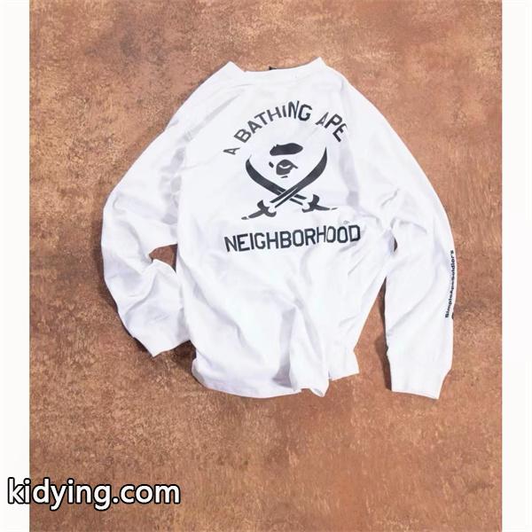 ベイプ BAPE コピー 秋冬 高品質 ホワイト ネイバーフッド コラボ スカル猿人头 長袖 T シャツ-3