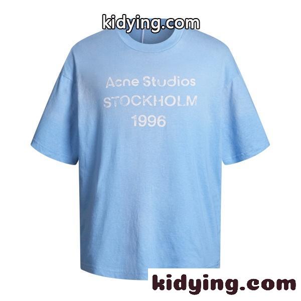 ACNE STUDIOS アクネストゥディオズ 2026 STOCKHOLM ロゴプリント アイスブルー 半袖Tシャツ ウォッシュ加工 ルーズフィット クルーネック カットソー メンズ レディース-0