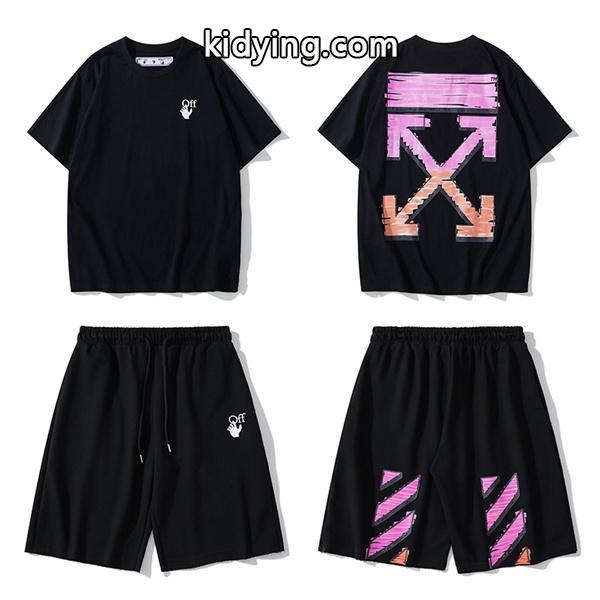 激安大特価爆買いOff-Whiteオフホワイトコピー2点セットプリント メンズ クルーネック半袖Tシャツ ブラック グレー-0