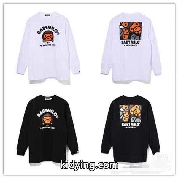 ホワイト × ブラック プリント 長袖 T シャツ ベイプ BAPE コピー 秋冬ストリート可愛らしい-0