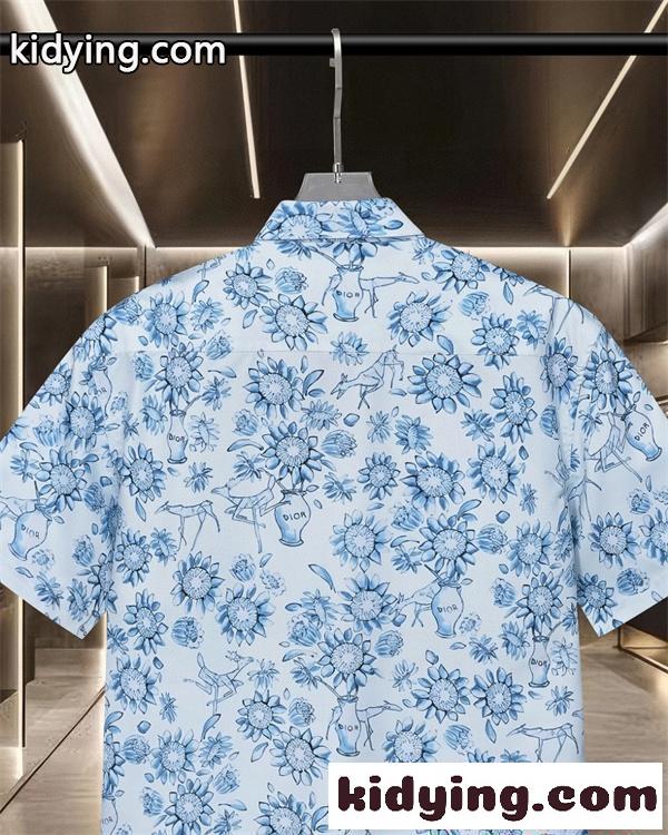 DIOR 総柄 半袖 スーパーコピー シャツ フラワーモチーフ ブルー ホワイト メンズ リゾート カジュアル 夏 ファッション 定番-3