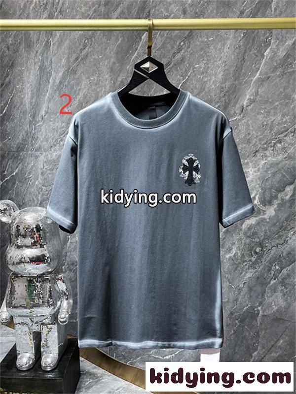 ブラック 半袖Tシャツ Chrome Hearts グレークロスバックプリント クロムハーツ コピー 胸元クロスロゴ クルーネック ゆったりシルエット-4