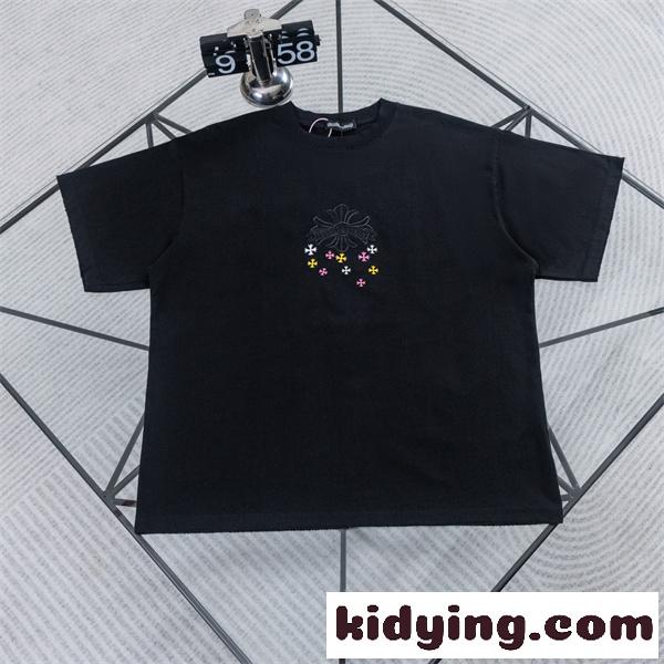 ホワイト 半袖Tシャツ Chrome Hearts クロムハーツ コピー 淡色フローラルクロス刺繍風 マルチカラー小クロス クルーネック ボックスシルエット-6