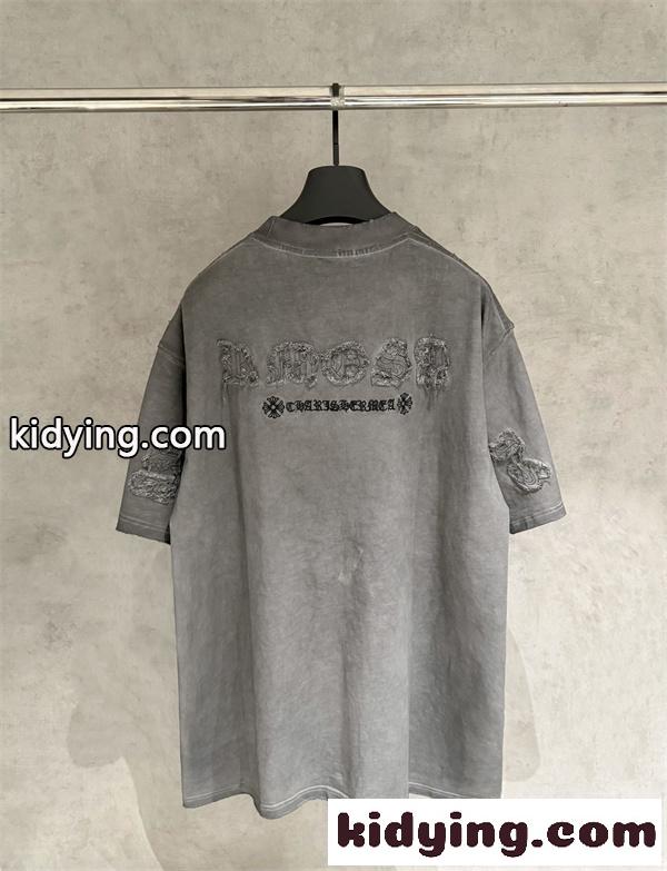 ウォッシュグレー 半袖Tシャツ Chrome Hearts 胸元ロゴプリント クロムハーツ コピー ヴィンテージ加工 クルーネック-2