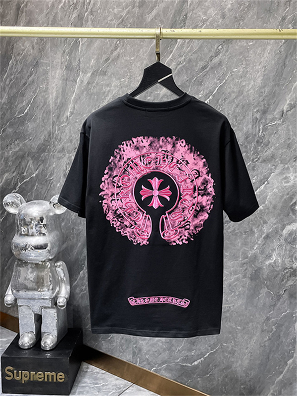 ブラック 半袖Tシャツ Chrome Hearts クロムハーツ コピー ピンクバックサークルロゴ クルーネック クロスモチーフ ストリートトップス-2