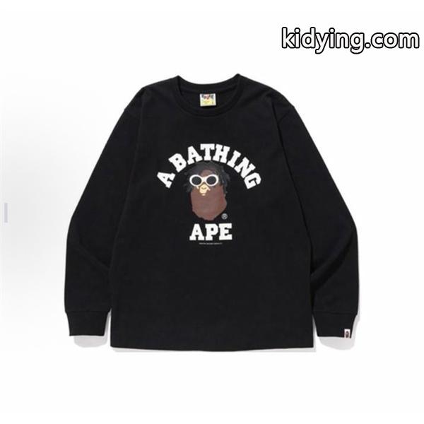 BAPE スーパーコピー 秋冬ストリートクール 定番 ホワイト メガネ猿人 ロゴ 長袖 T シャツ ベイプ-3