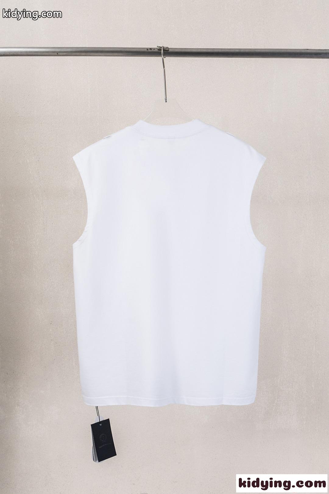 ノースリーブTシャツ ホワイト クロムハーツ コピー Chrome Hearts ダメージ加工 破れデザイン メタルクロス装飾 スタッズ風パーツ ワンポイントロゴ 綿素材 通気性 クルーネック ルーズシルエット ストリート ユニセックス 夏人気-1