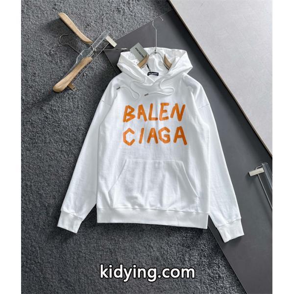 バレンシアガ コピー パーカー ホワイト オレンジロゴ 手書き風 プリントデザイン カジュアル ストリート BALENCIAGA-0