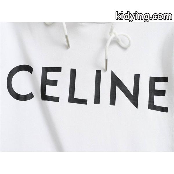 CELINE セリーヌ 偽物 最新コレクション ホワイト ビッグロゴ フーディ パーカー 2025AW注目アイテム-4