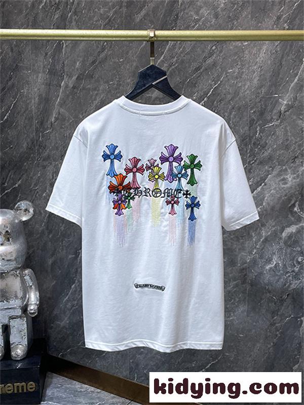 ホワイト 半袖Tシャツ Chrome Hearts クロムハーツ コピー マルチカラークロスロゴ バックデザイン 丸首 リラックスフィット ブラック-8