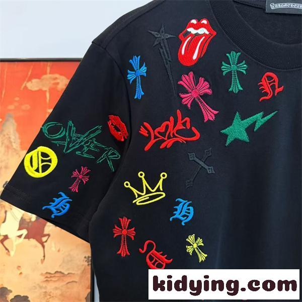 クロムハーツ コピー Tシャツ 多彩刺繍 ブラック 星 十字架 Chrome Hearts カジュアル 日常-5