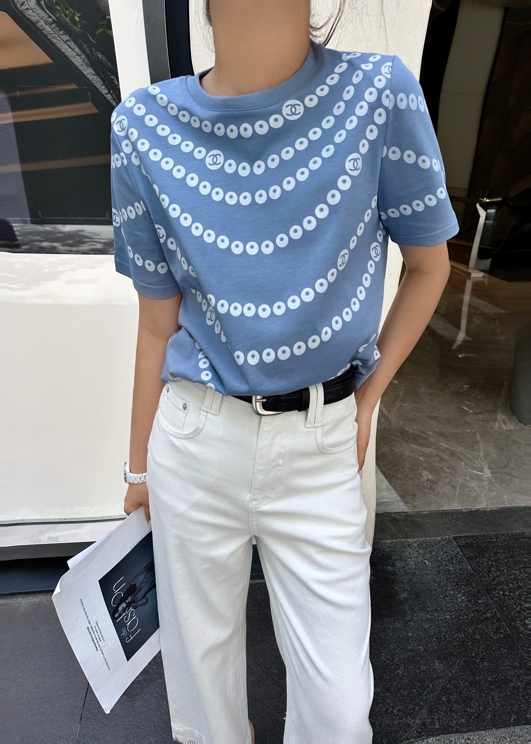 お洒落 パールプリント 半袖Tシャツ シャネル Tシャツ コピー コットン ブルー-5