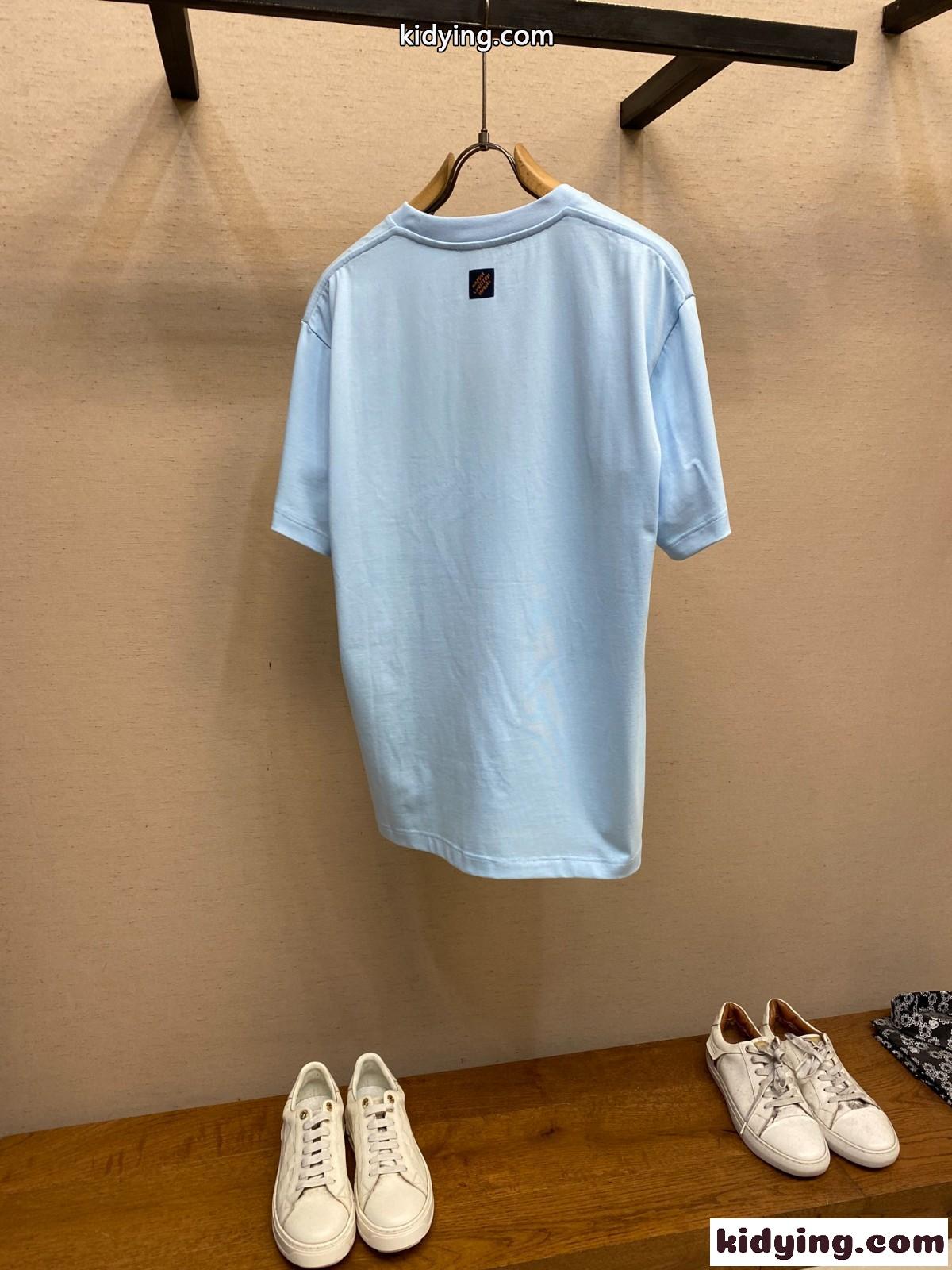 シンプル 刺繍入り コットン 半袖Tシャツ ルイ・ヴィトン Tシャツ コピー ブルー-1