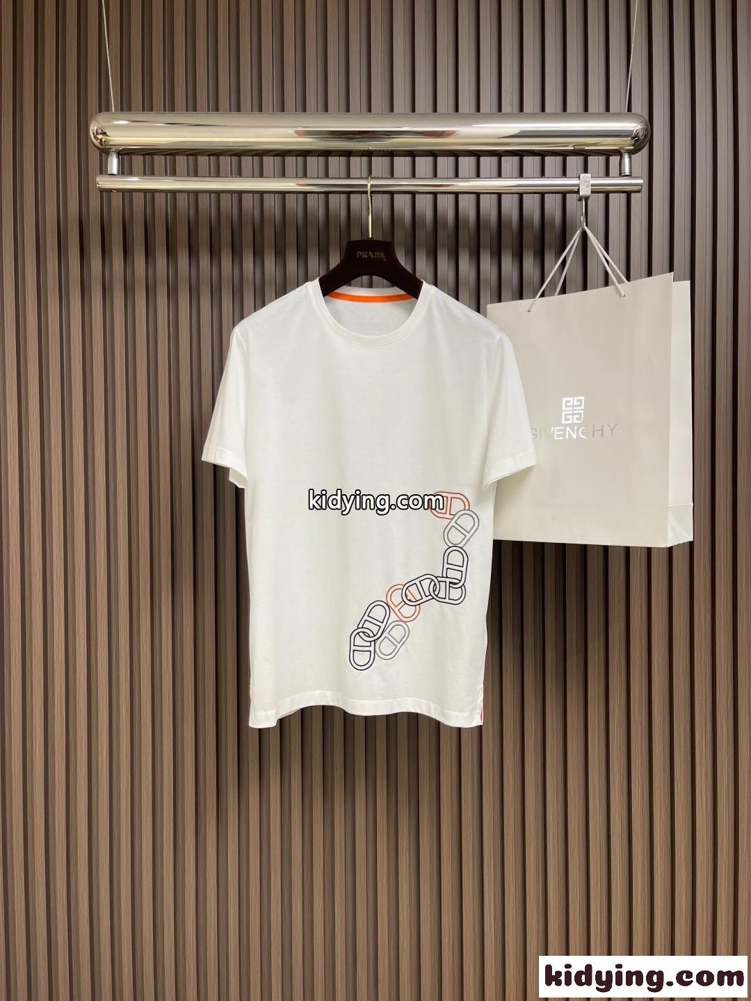 シンプル 刺繍入り エルメス Tシャツ コピー クルーネック 半袖トップス-0