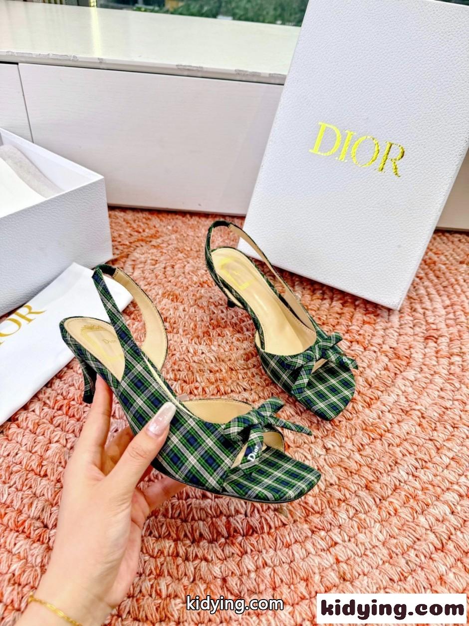 クリスチャン・ディオール コピー チェック柄 Dior Bow ヒール スリングバックサンダル-0