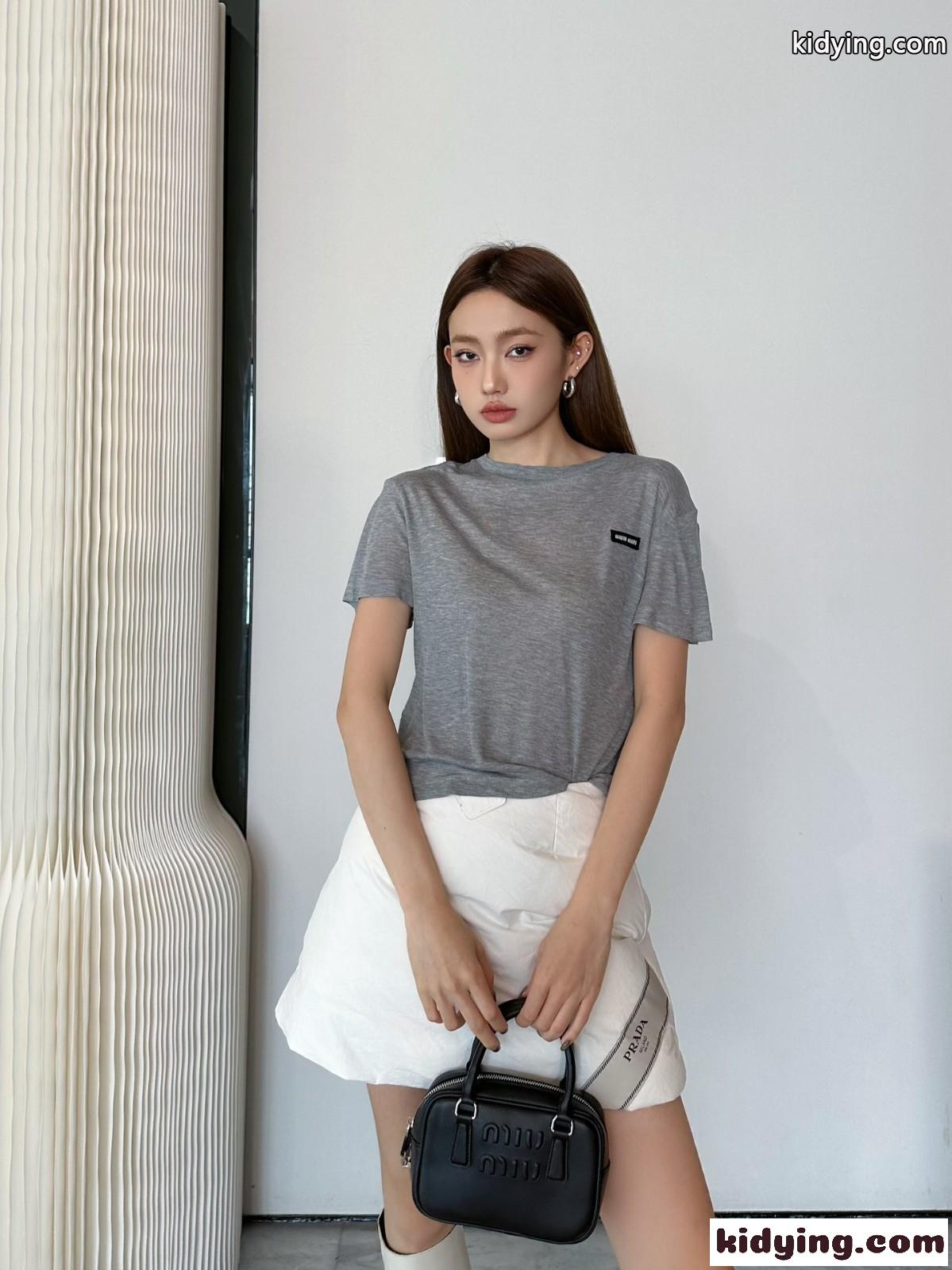 ミュウミュウ Tシャツ コピー カジュアル リブ編み ジャージー Tシャツ-4