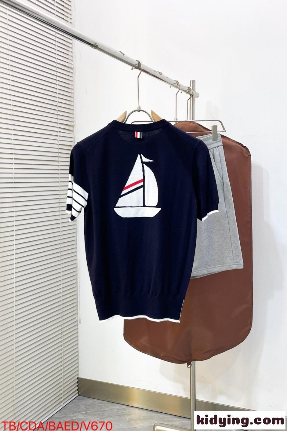 爽やか ヨットモチーフ 半袖 サマーニット トムブラウン Tシャツ 偽物 ネイビー-1