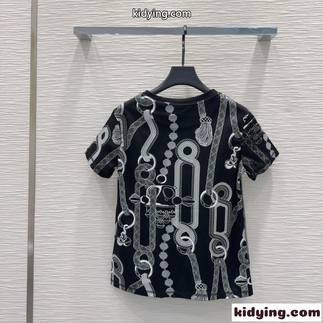 目を引く プリント 半袖Tシャツ エルメス Tシャツ コピー コットン ブラック-5