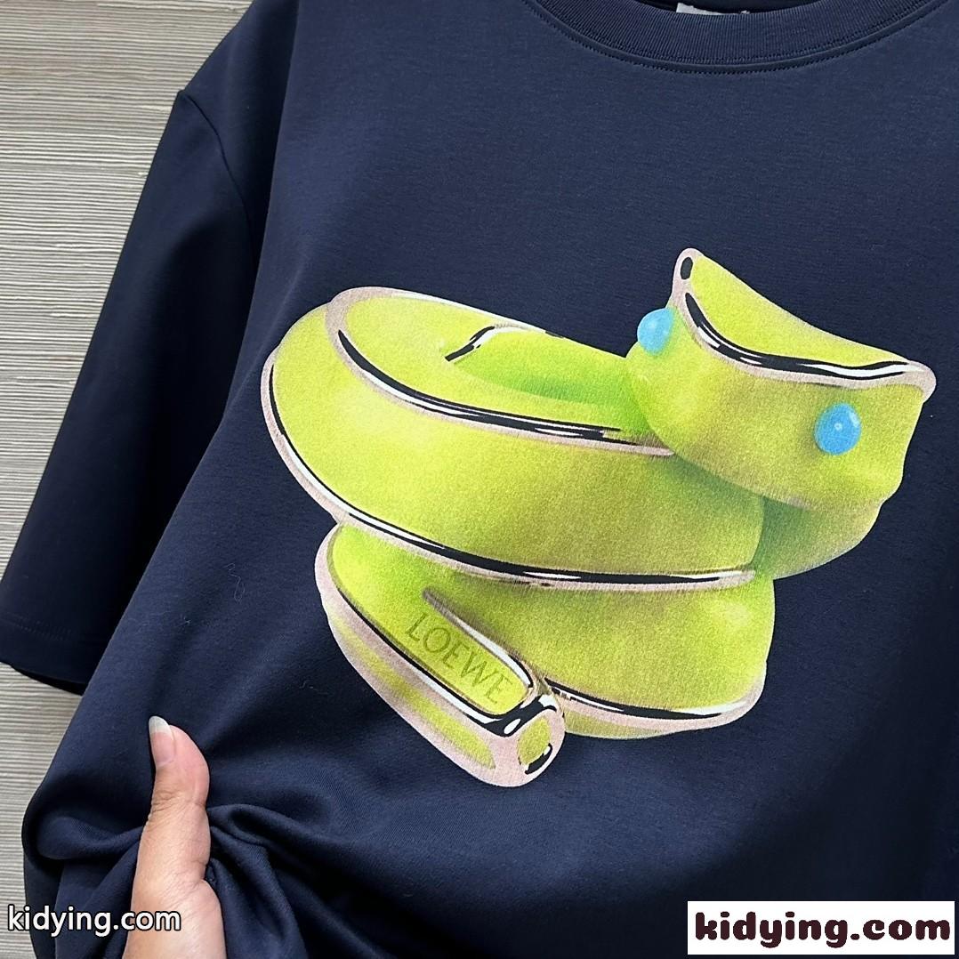 シンプル スネークプリント クルーネック 半袖Tシャツ ロエベ Tシャツ コピー ネイビー-0