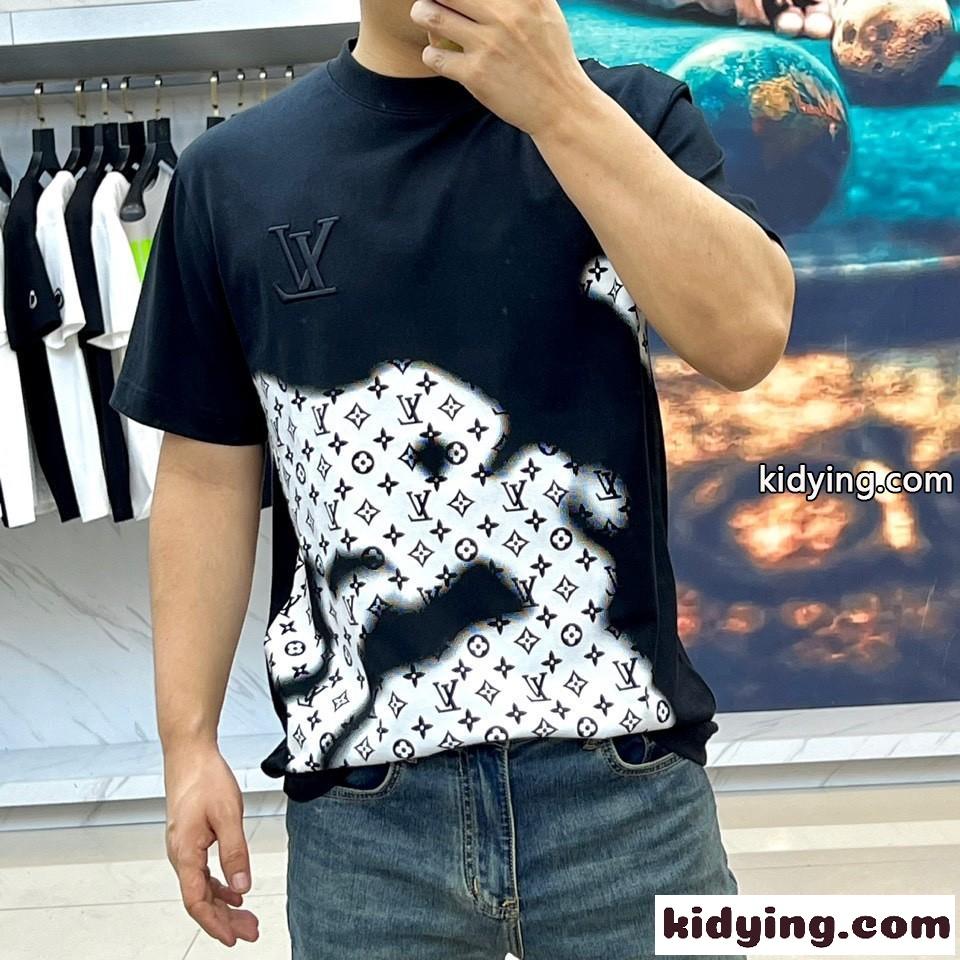 おしゃれ プリント クルーネック ルイ・ヴィトン 半袖Tシャツ コピー ブラック-0