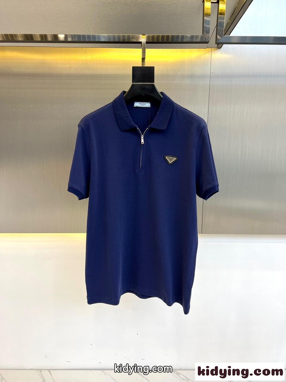カジュアル ハーフジップ 半袖 ポロシャツ プラダ Tシャツ コピー ブルー-0