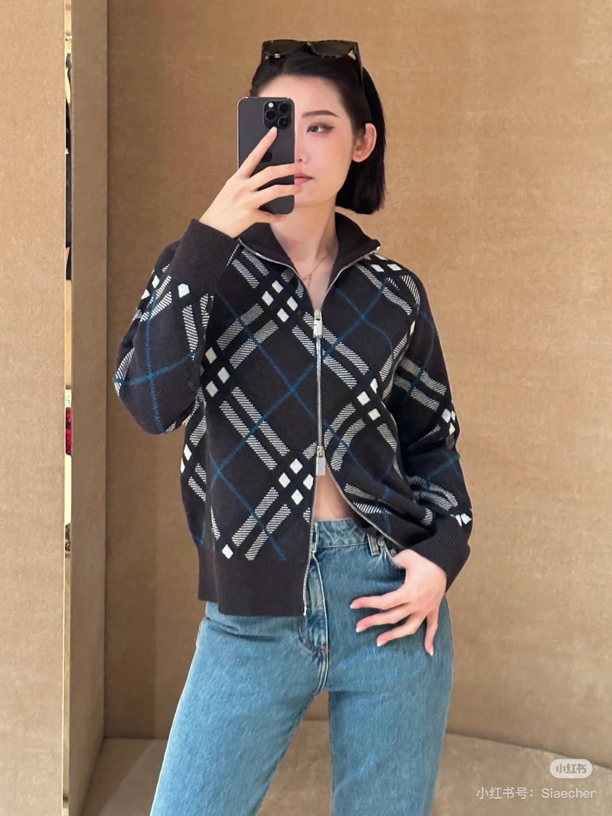チェック ウール ジップカーディガン バーバリー ニット コピー ユニセックス ブラウン-5