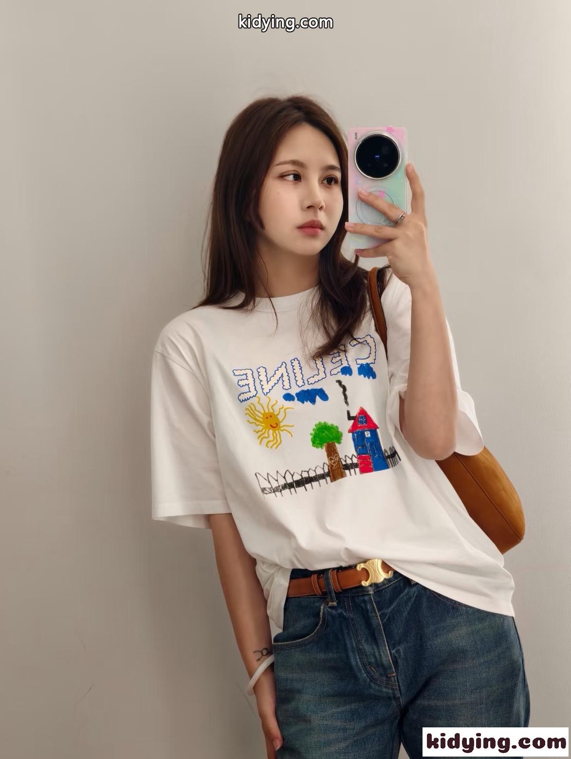 可愛い プリント ルーズTシャツ セリーヌ Tシャツ コピー コットン ホワイト-1