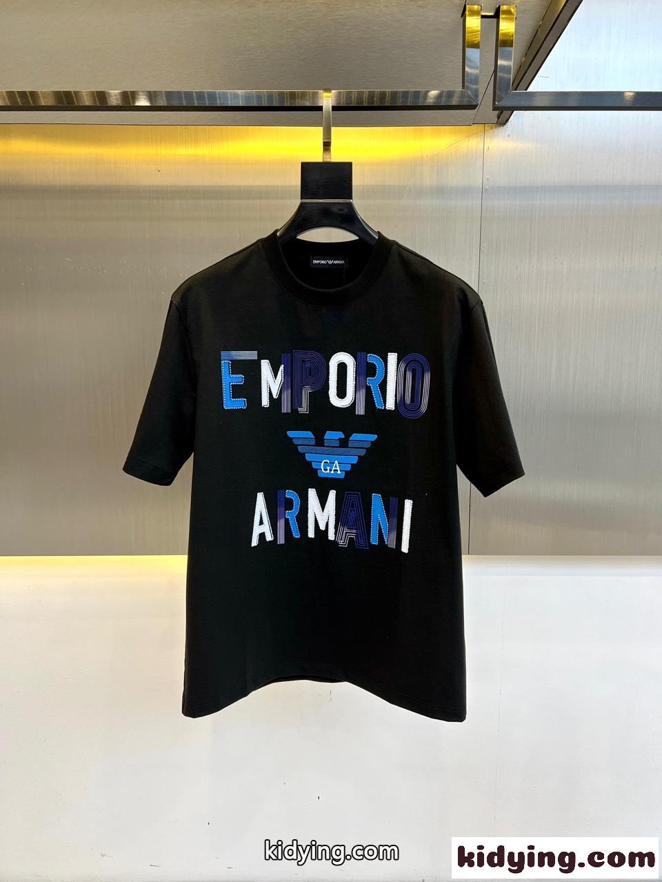 カジュアル コットン 半袖Tシャツ アルマーニ Tシャツ コピー クルーネック ブラック-0
