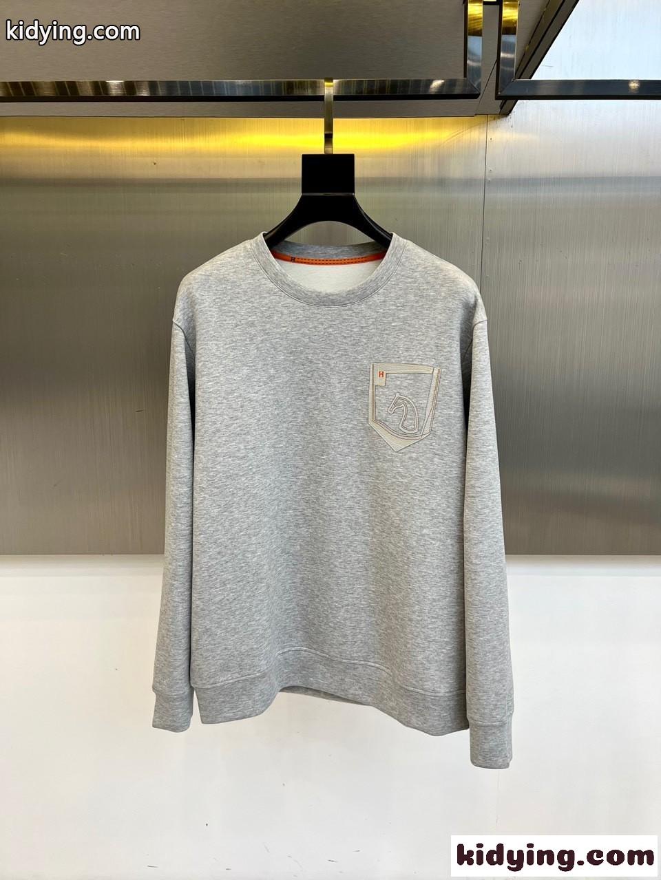 定番 カジュアル スウェットシャツ エルメス Tシャツ コピー クルーネック グレー-0