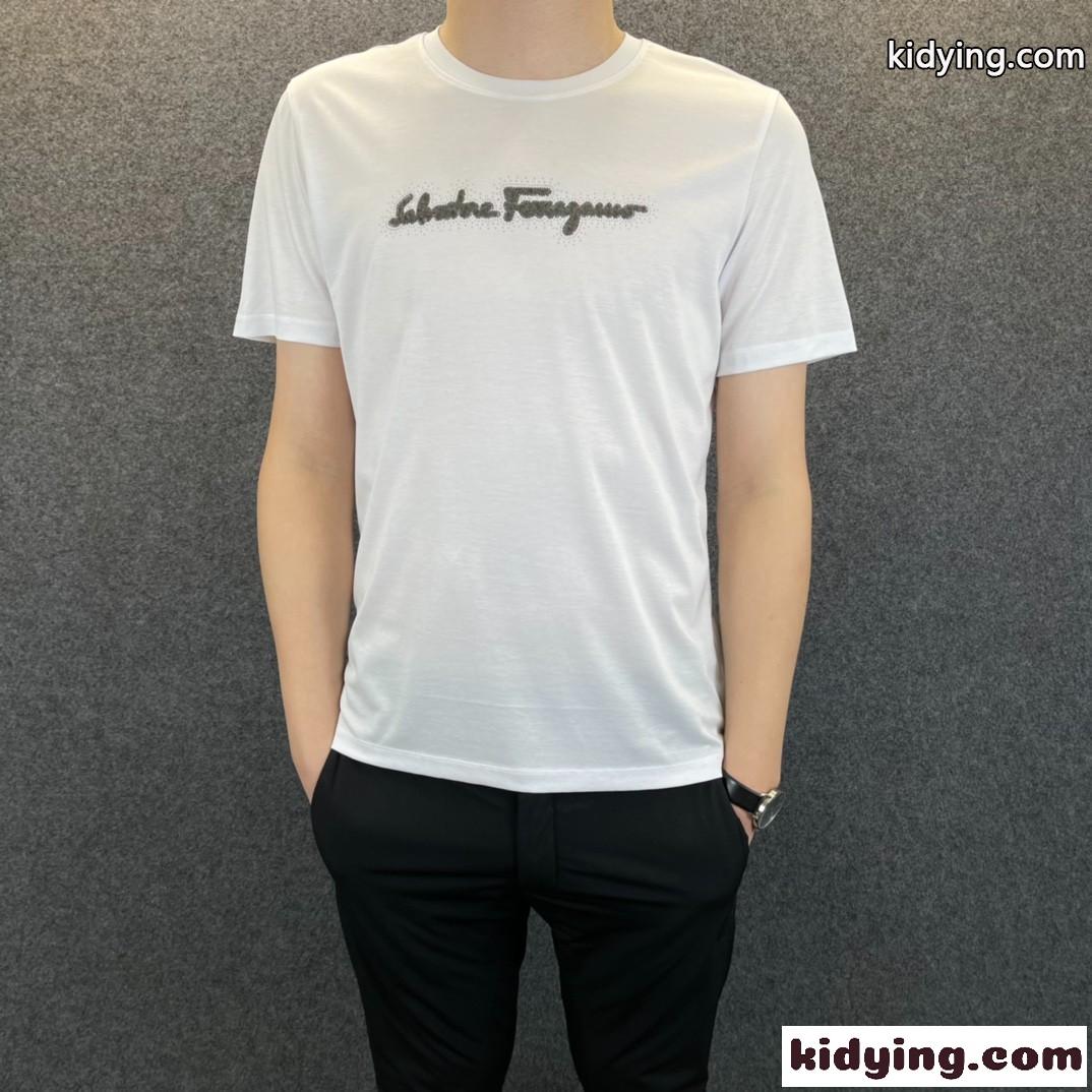 シンプル カジュアル 柔らかい 着心地いい クールネック サルヴァトーレ・フェラガモ 半袖tシャツ コピー ホワイト ブラック-0