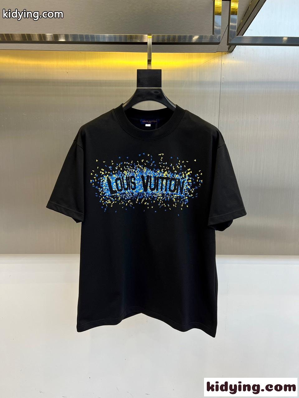 お洒落 ロゴプリント クルーネック ルイ・ヴィトン Tシャツ 偽物 半袖Tシャツ ブラック-0