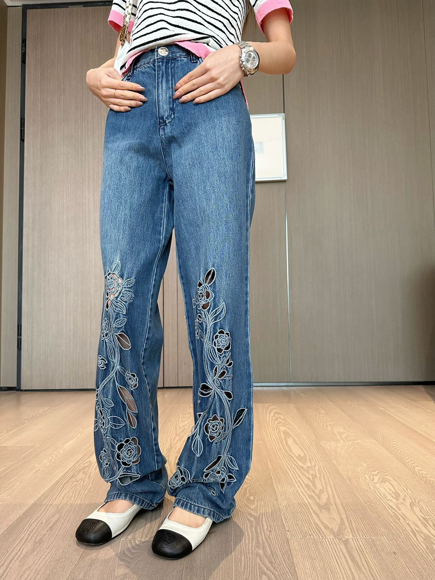 高級感 カメリア カットアウト シャネル ジーンズ コピー レディース デニムパンツ ブルー-4
