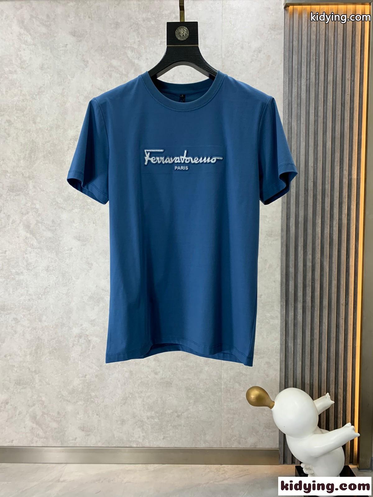 シンプル ロゴ 合わせやすい クルーネック サルヴァトーレ・フェラガモ Tシャツ コピー 半袖Tシャツ ブルー-0