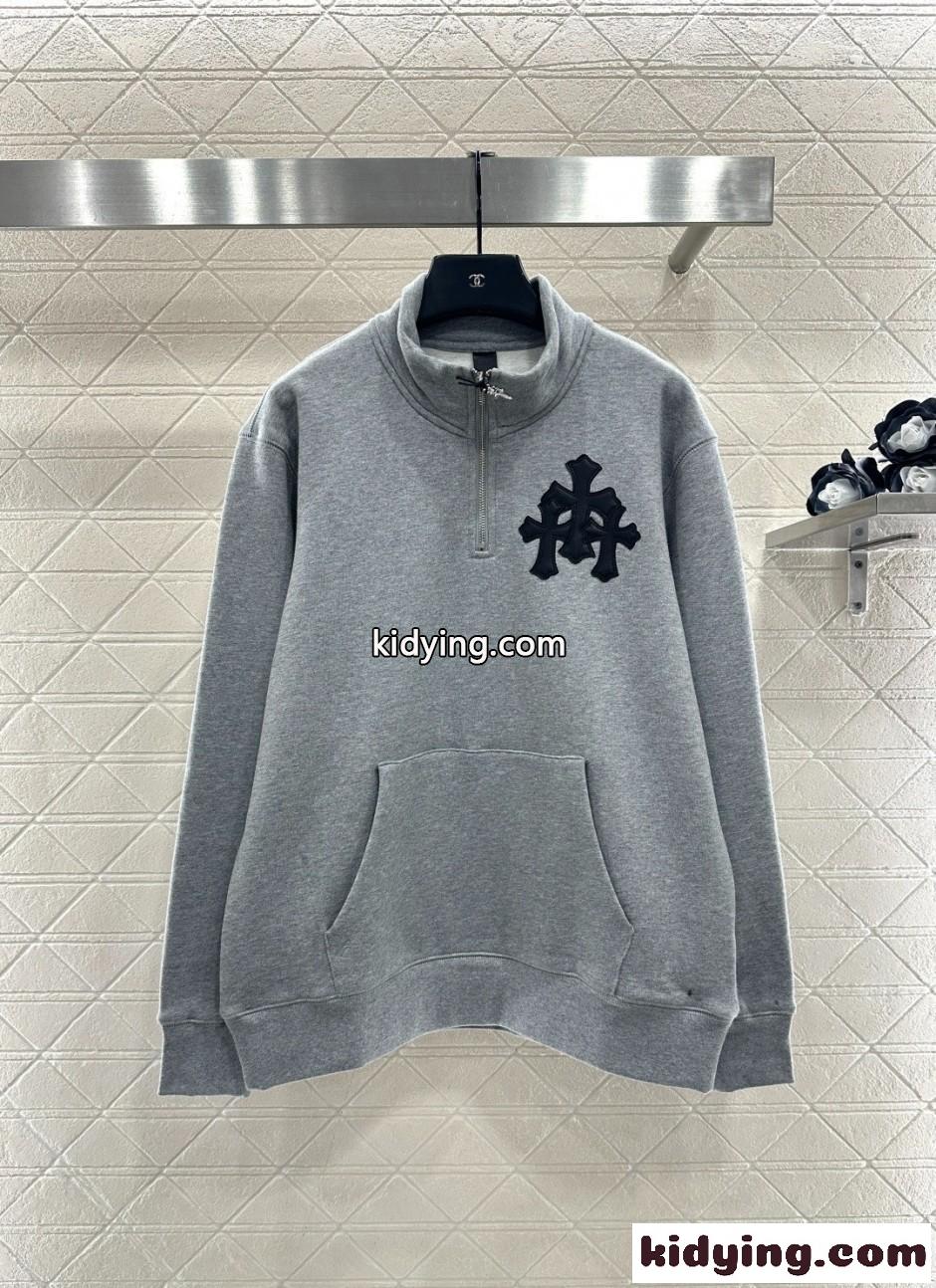 コットン ハーフジップ スウェットシャツ クロムハーツ Tシャツ 偽物 裏起毛 グレー-0