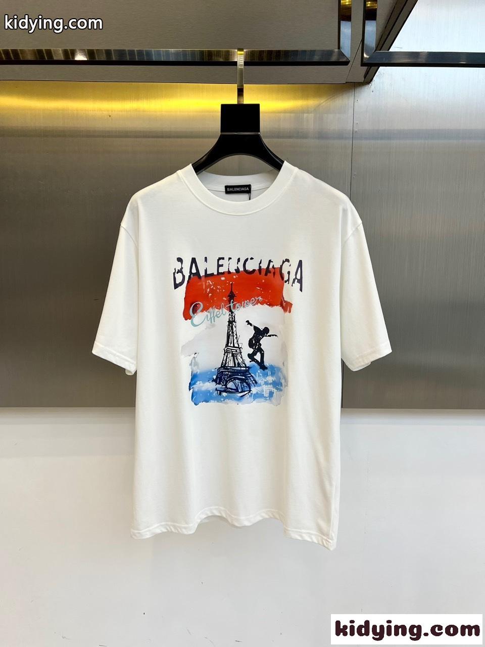 カジュアル プリント バレンシアガ Tシャツ 偽物 クルーネック 半袖トップス ホワイト-0