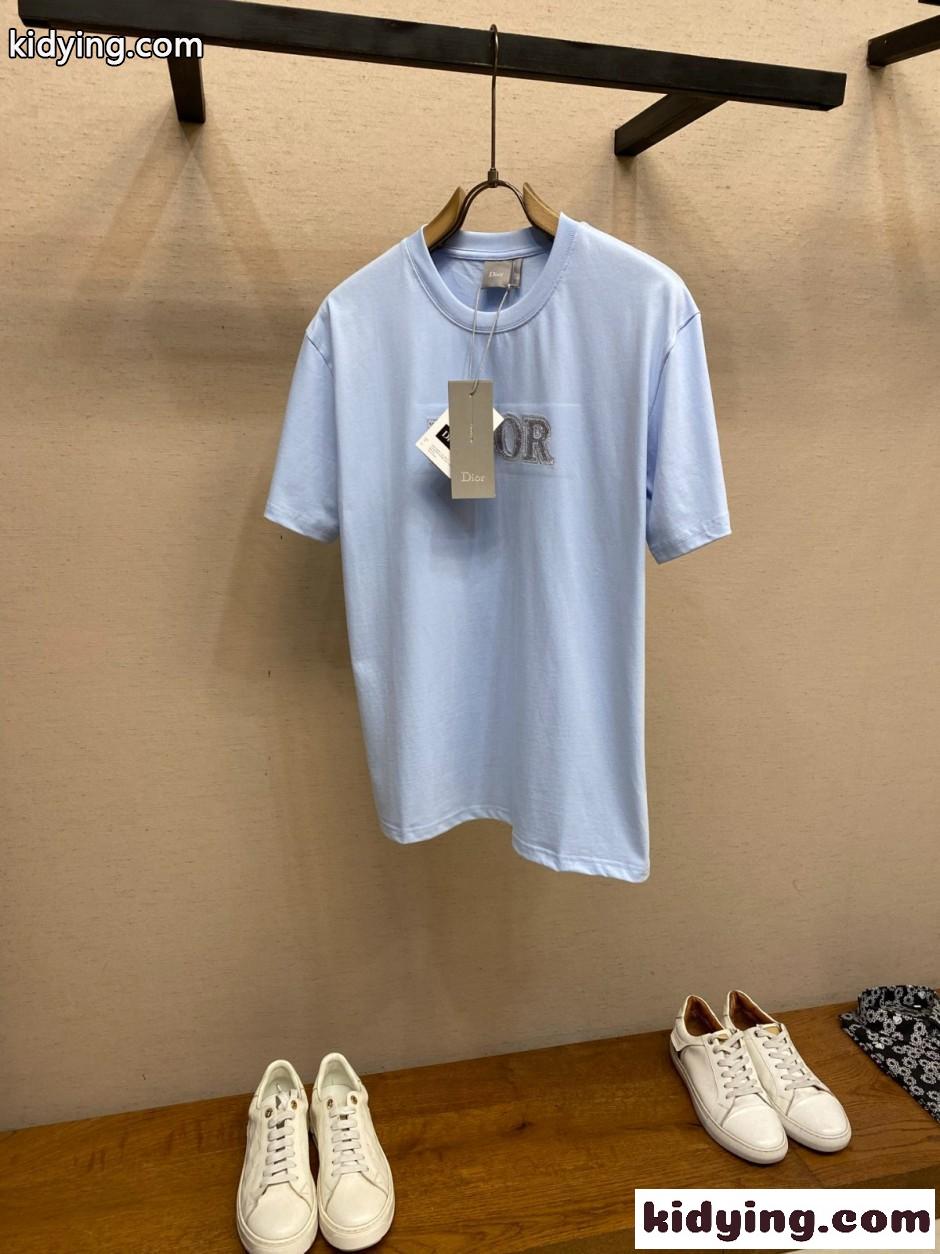 カジュアル 洗練された コットン 半袖Tシャツ クリスチャン・ディオール Tシャツ 偽物 ブルー-0
