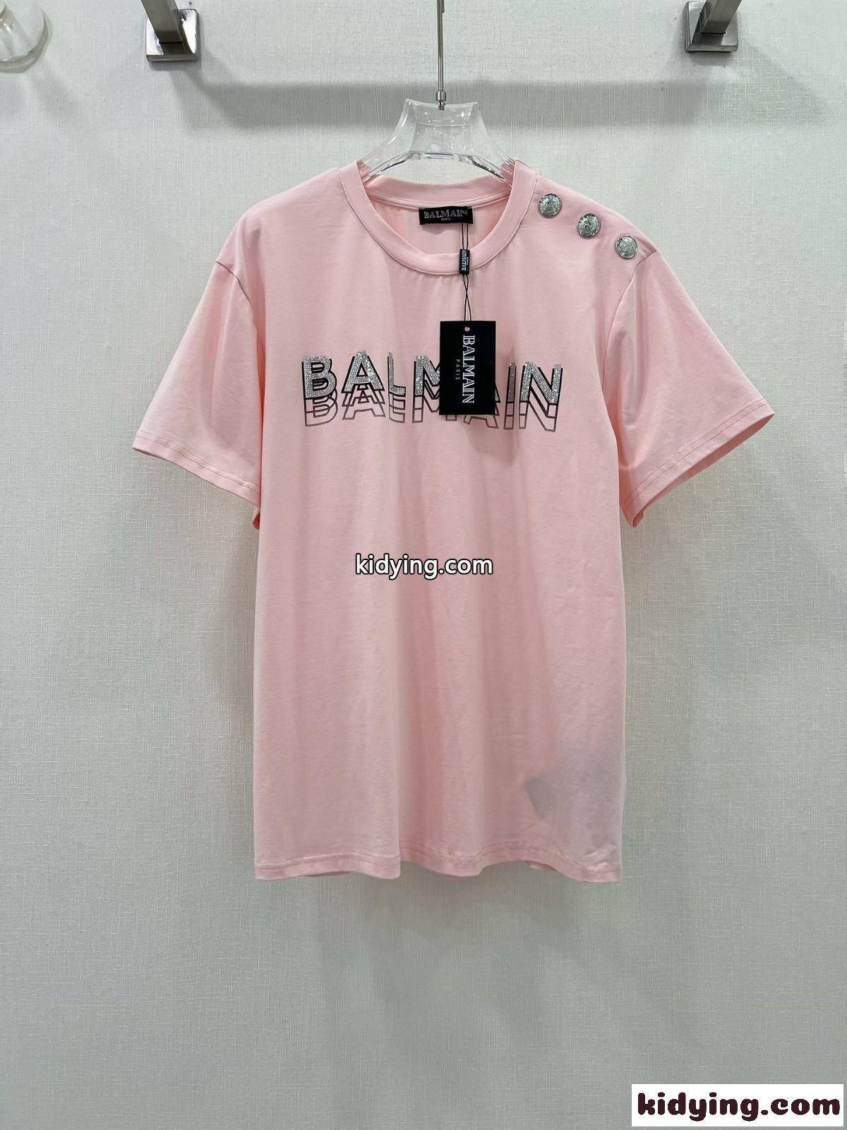 バルマン Tシャツ コピー ラインストーン ロゴ 半袖Tシャツ ピンク-0