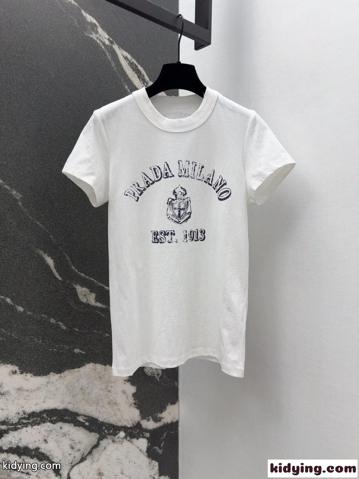 プリント入り コットン 半袖Tシャツ プラダ Tシャツ コピー クルーネック ホワイト-2