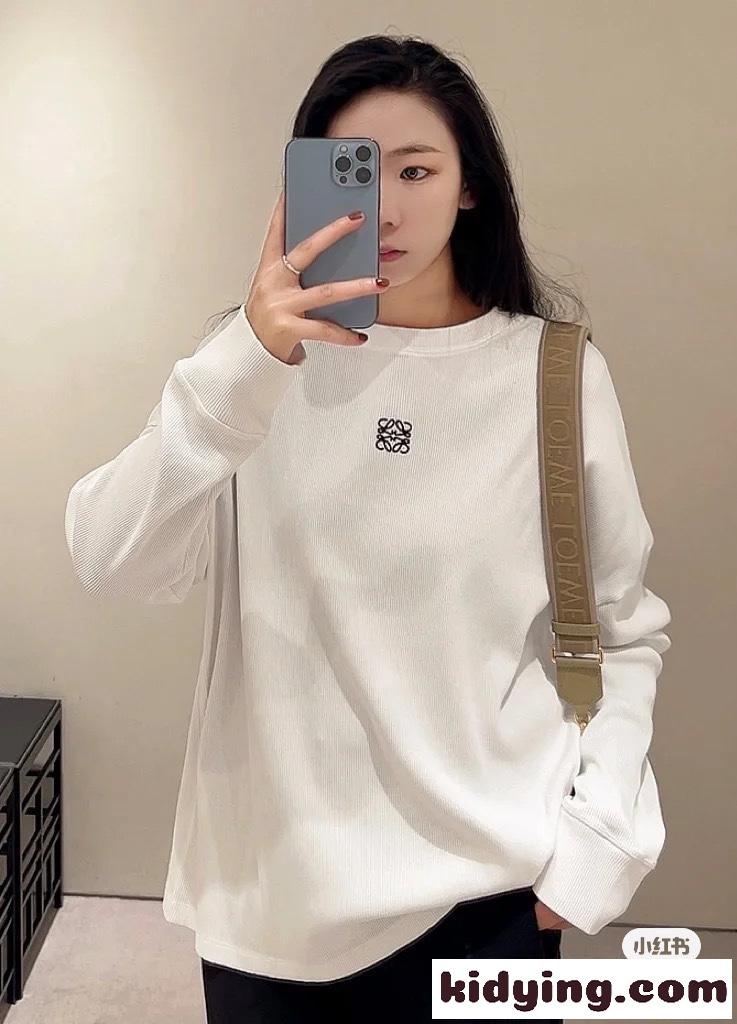 シンプル コットン ロングスリーブ Tシャツ ロエベ Tシャツ コピー ホワイト-3