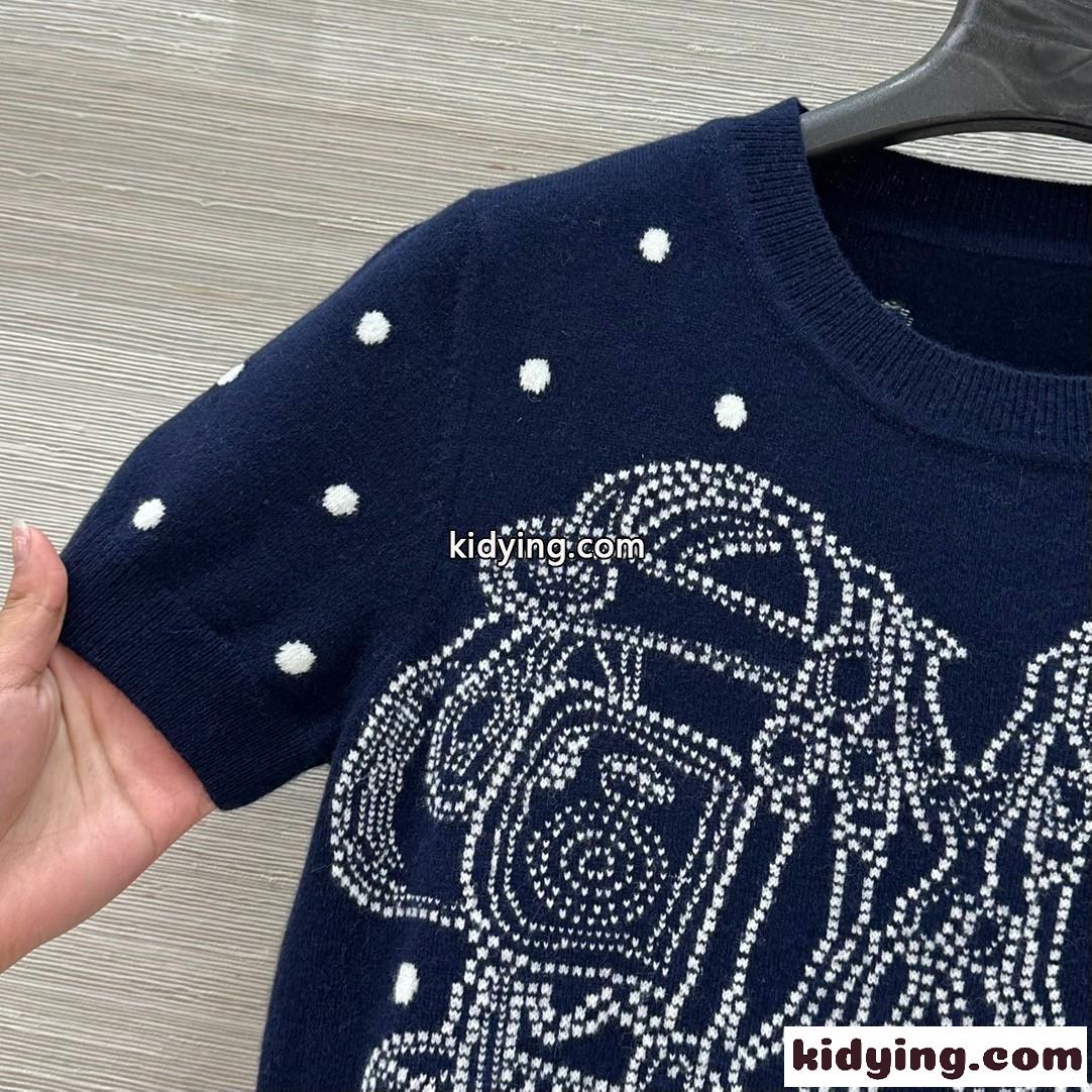着心地抜群♪刺繍入り 半袖セーター エルメス ニットウェア コピー ネイビー-1