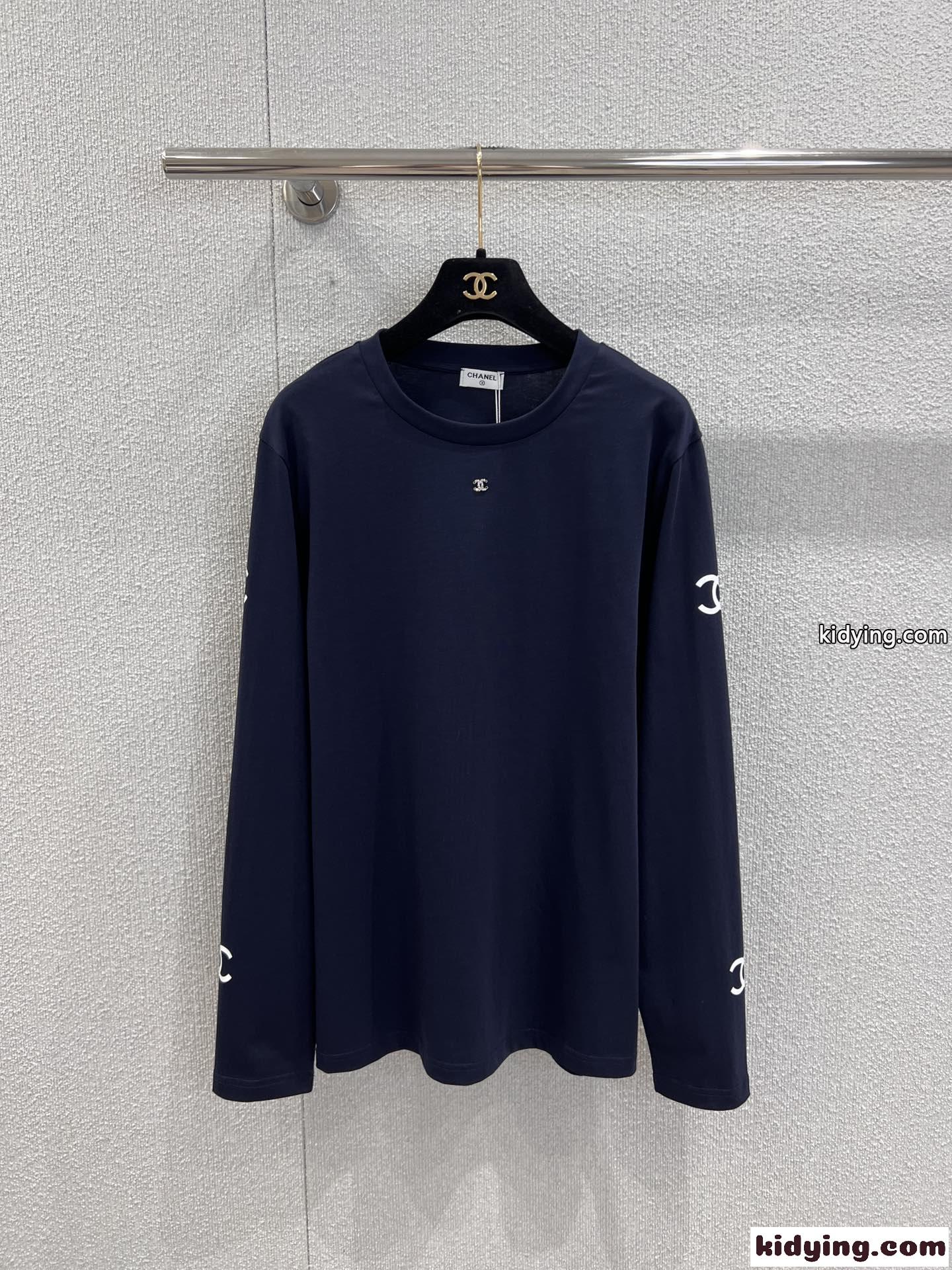 カジュアル 定番 CCロゴ コットン 長袖Tシャツ シャネル Tシャツ コピー ネイビー-0